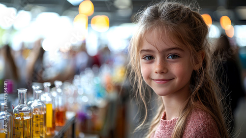 A young girl with blonde hair smiles at the camera while standing in front of a shelf of glass bottles.