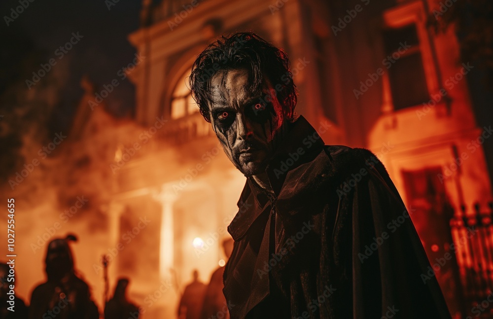 A young man wearing vampire costume for Halloween on background of old house. A young man wearing vampire costume for Halloween on background of old house.