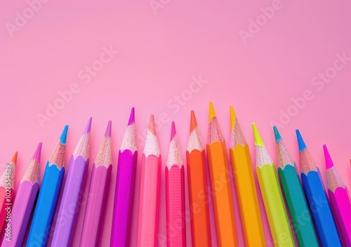 Colorful pencils on a pink background arranged in a row, showcasing vibrant colors like pink, orange, green, and purple for art and creativity themes