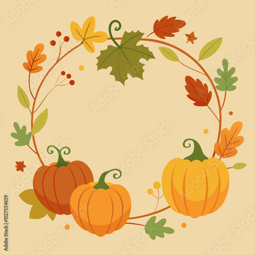 A circular arrangement of green vines and leaves is interspersed with pumpkins of various sizes