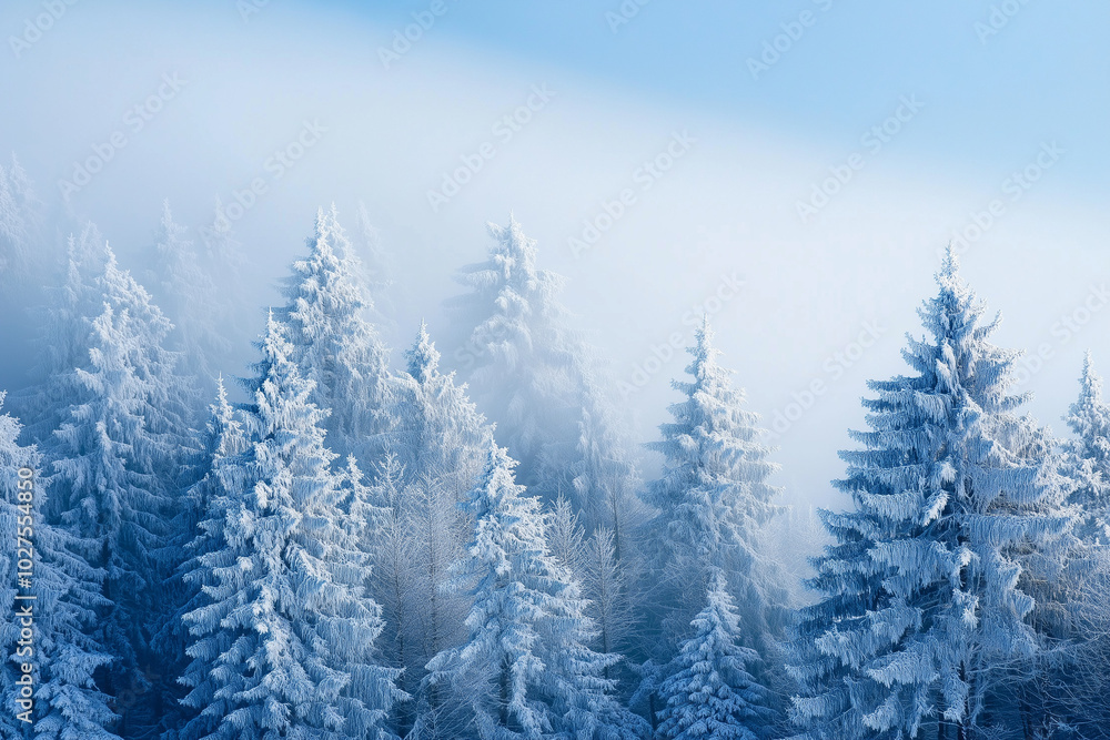 Abstract misty pine forest background. Winter landscape with foggy trees and snow-covered mountains in the background Abstract misty pine forest background. Winter landscape with foggy trees and snow-covered mountains in the background