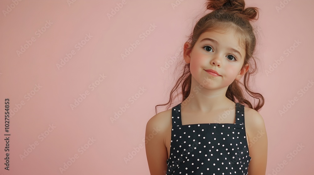 Curious and inquisitive preteen girl posing in a colorful polka dot romper against a plain studio backdrop This portrait showcases the playful and youthful spirit of a young female model Curious and inquisitive preteen girl posing in a colorful polka dot romper against a plain studio backdrop This portrait showcases the playful and youthful spirit of a young female model