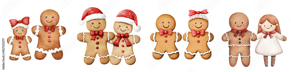 Fototapeta premium Gingerbread cookies in festive attire on a white isolated background.,Transparent background.