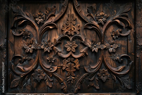 A black wooden panel with floral designs, generative ai image