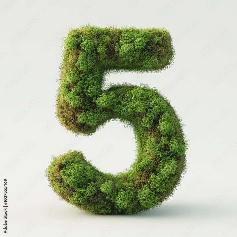 3D number 5 with moss texture realistic modern design, soft lighting, white background 3D number 5 with moss texture realistic modern design, soft lighting, white background