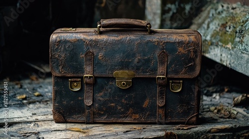 a vintage briefcase with worn leather and brass accents, evoking a sense of history and timeless style