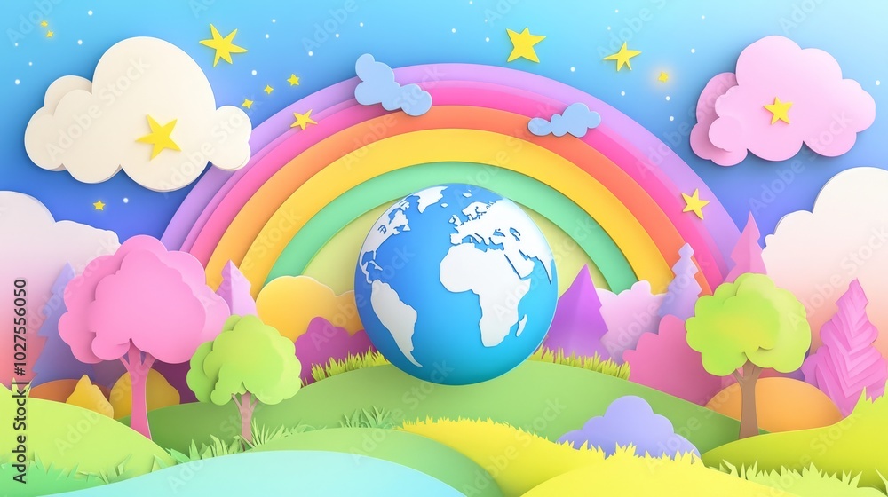 Naklejka premium A colorful rainbow is above a blue globe, with trees and grass in the background