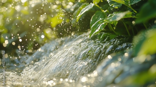 Gentle Flow of Water Through Lush Green Leaves