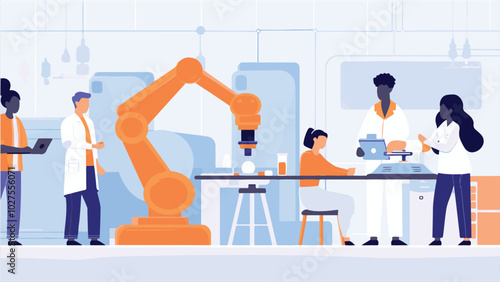 A robotics engineer calibrating a robotic arm, while colleagues of different backgrounds assist vector illustration.