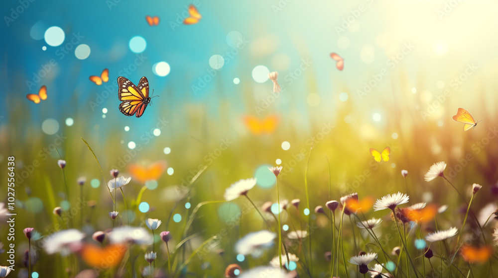 Colorful butterflies and wildflowers in meadow Colorful butterflies and wildflowers in meadow