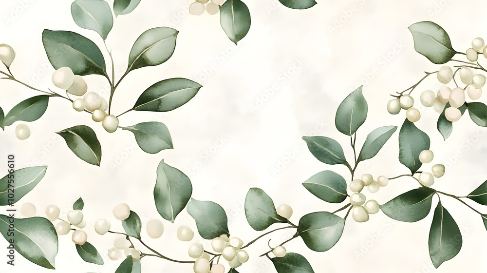 Delicate watercolor mistletoe branches with soft green leaves and white berries floating gently on a light gray seamless background This natural botanical pattern has a tranquil Delicate watercolor mistletoe branches with soft green leaves and white berries floating gently on a light gray seamless background This natural botanical pattern has a tranquil