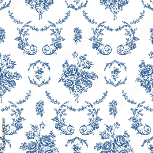 Vector floral seamless antique pattern with big peony roses and leaves in blue color.