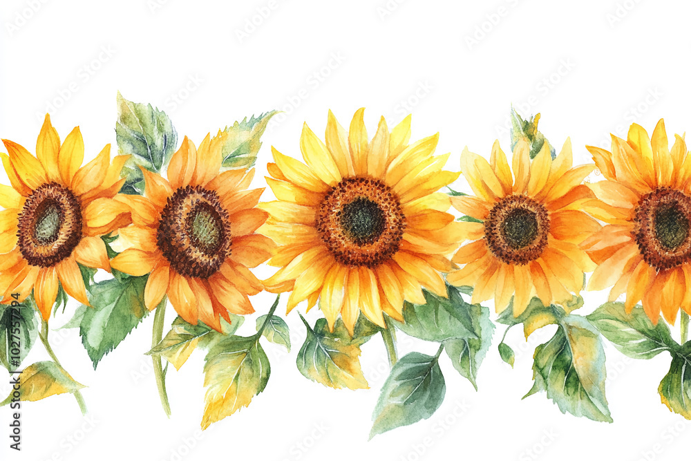 yellow sunflowers done in watercolor along the edge of a pure white background yellow sunflowers done in watercolor along the edge of a pure white background