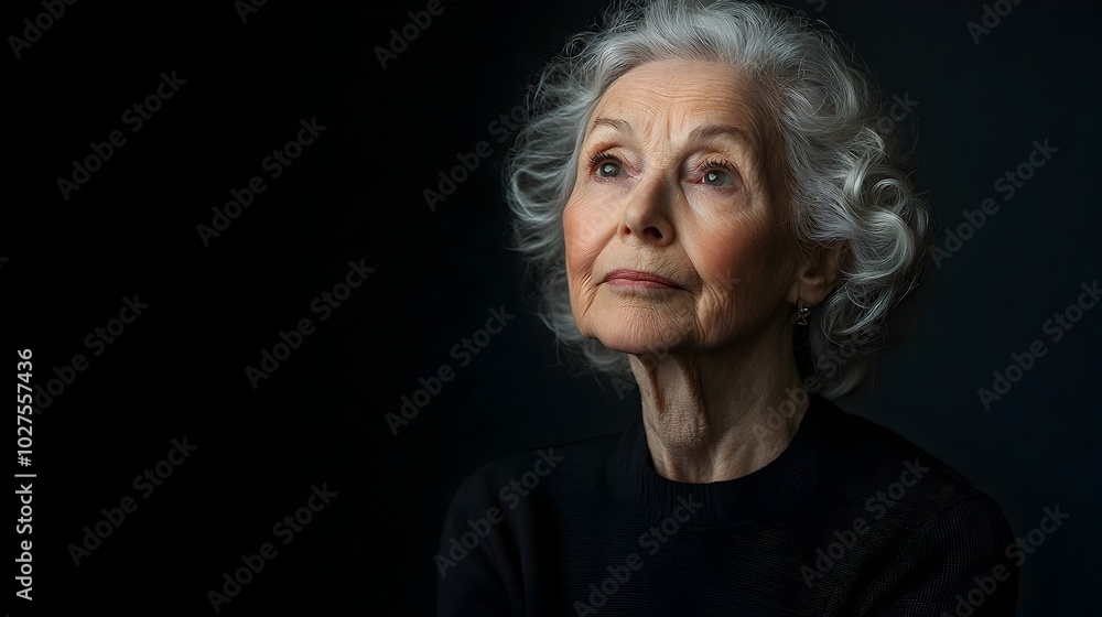 Solitary and Contemplative Portrait Shot of a Somber and Melancholic Senior Citizen Woman Dressed in a Simple Black Outfit Against a Plain Charcoal Background with Copy Space for Text Solitary and Contemplative Portrait Shot of a Somber and Melancholic Senior Citizen Woman Dressed in a Simple Black Outfit Against a Plain Charcoal Background with Copy Space for Text