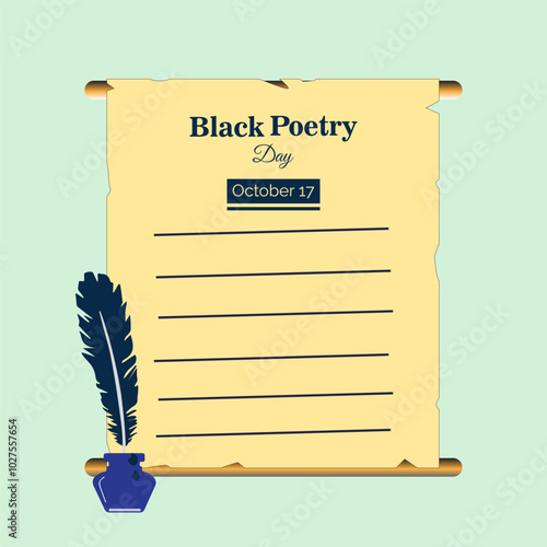 Black Poetry Day vector design template good for celebration usage. Black Poetry Day design. Flat design ink pot, old paper and feather pen.