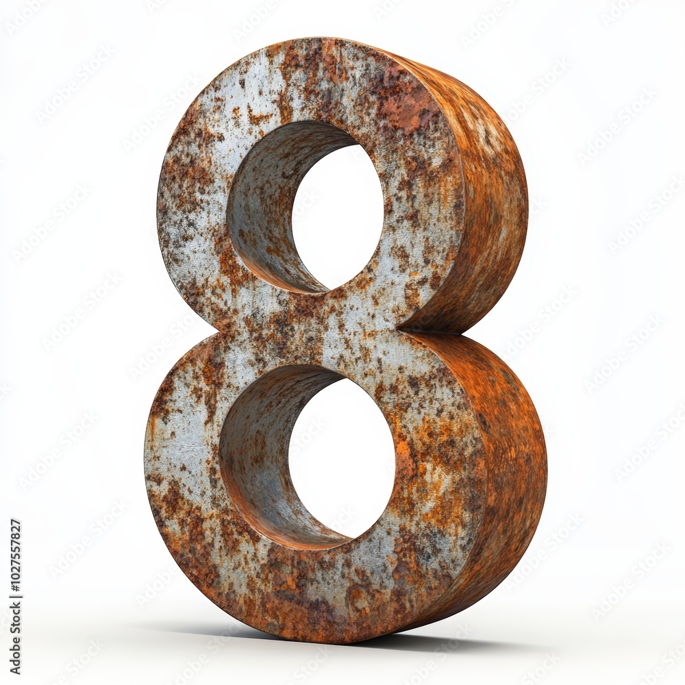 3D number 8 with rusted metal texture realistic modern design, soft lighting, white background 3D number 8 with rusted metal texture realistic modern design, soft lighting, white background