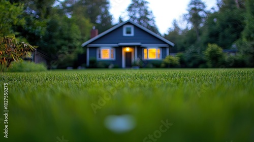 A small house with a warm glow from the windows sits in a lush green lawn at dusk.