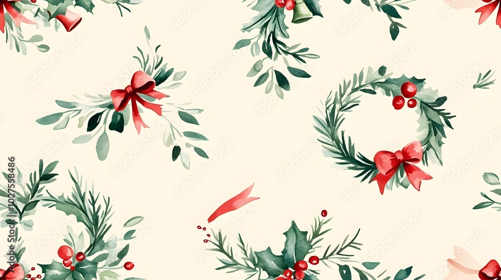 Elegant Watercolor Christmas Wreaths with Bells and Bows on Soft Cream Background Seamless festive pattern with light green and red tones perfect for holiday decor greeting cards invitations Elegant Watercolor Christmas Wreaths with Bells and Bows on Soft Cream Background Seamless festive pattern with light green and red tones perfect for holiday decor greeting cards invitations