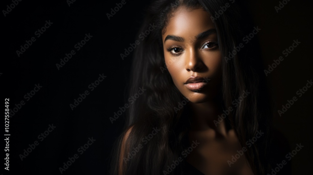 Beautiful black brunette fashion model with perfect hair on black background. Neural network ai generated art Beautiful black brunette fashion model with perfect hair on black background. Neural network ai generated art