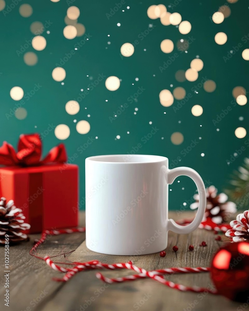 A cozy Christmas scene featuring a white mug, a red gift box, pinecones, and festive bokeh lights on a wooden table. A cozy Christmas scene featuring a white mug, a red gift box, pinecones, and festive bokeh lights on a wooden table.