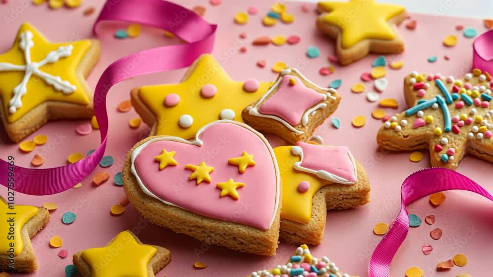 Bright, unconventional Christmas cookies in pink and yellow hues, decorated with sprinkles and icing, with colorful confetti and ribbon for a festive modern twist. Christmas cookies Bright, unconventional Christmas cookies in pink and yellow hues, decorated with sprinkles and icing, with colorful confetti and ribbon for a festive modern twist. Christmas cookies