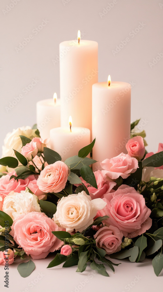 A serene arrangement of pink roses and white candles creates a romantic atmosphere, perfect for celebrations or intimate gatherings. A serene arrangement of pink roses and white candles creates a romantic atmosphere, perfect for celebrations or intimate gatherings.