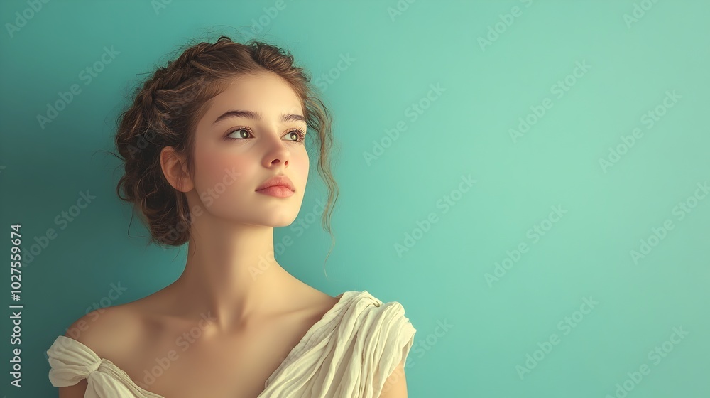 Contemplative and Serene Portrait of a Young Woman Wearing a Traditional Grecian Toga against a Muted Jade Background with Dramatic Lighting in a Studio Setting Contemplative and Serene Portrait of a Young Woman Wearing a Traditional Grecian Toga against a Muted Jade Background with Dramatic Lighting in a Studio Setting