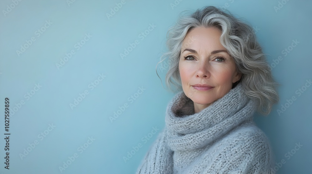 Portrait of a mature elegant woman dressed in a timeless soft cashmere sweater looking contemplative and serene against a plain powder blue studio background with simple minimalist lighting Portrait of a mature elegant woman dressed in a timeless soft cashmere sweater looking contemplative and serene against a plain powder blue studio background with simple minimalist lighting