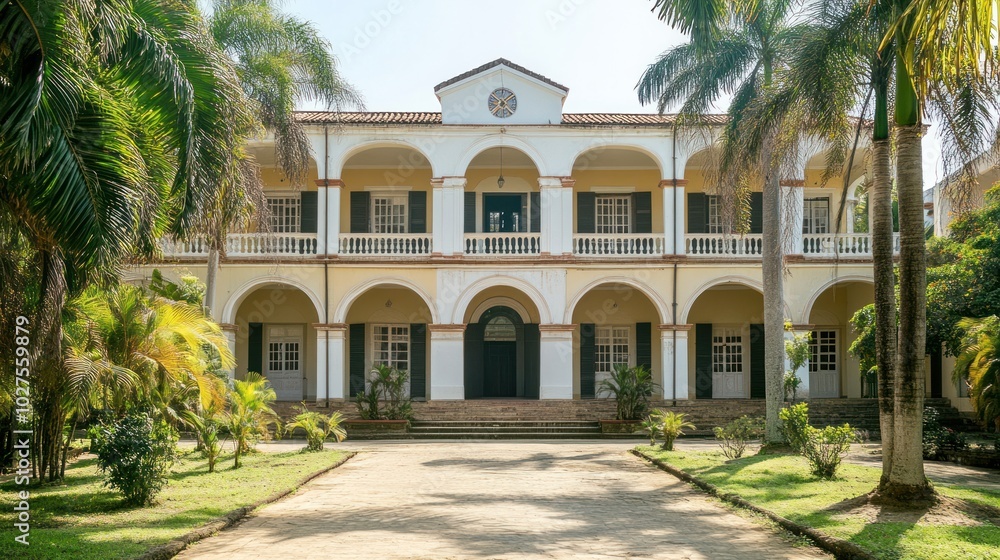 A monumental building blending colonial architectural elements with local traditions, symbolizing cultural integration. A monumental building blending colonial architectural elements with local traditions, symbolizing cultural integration.
