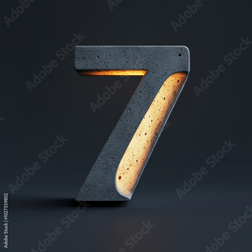 3D number 7 with concrete texture realistic modern design, soft lighting, black background  photo