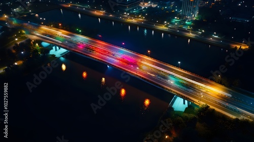 A vibrant night view of a bridge illuminated by colorful lights reflecting in the water.