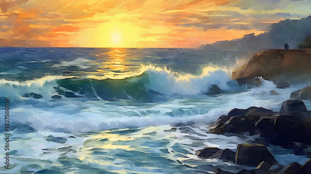 Obraz premium the waves of the sea on which the sun sets