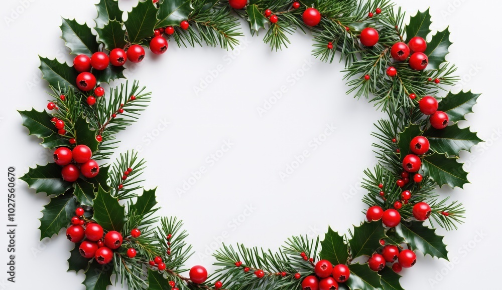 Fototapeta premium A festive Christmas wreath made of green pine branches, holly leaves, and red berries, arranged in a circular shape. The design is ideal for holiday decorations, seasonal greeting cards