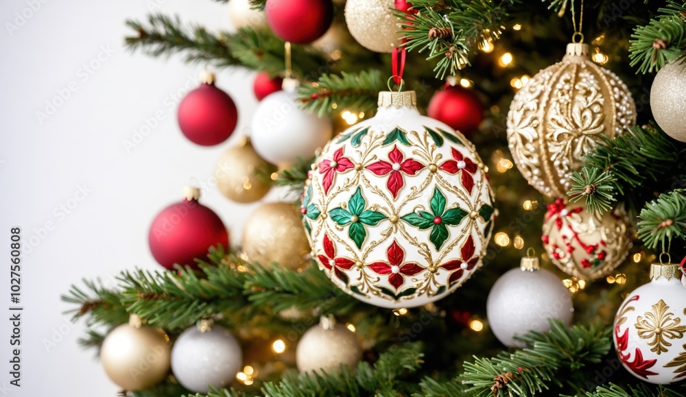 A close-up of a Christmas tree, festively decorated with shiny baubles in hues of red, gold, and white, along with sparkling lights, offering a magical and joyful holiday vibe suitable A close-up of a Christmas tree, festively decorated with shiny baubles in hues of red, gold, and white, along with sparkling lights, offering a magical and joyful holiday vibe suitable