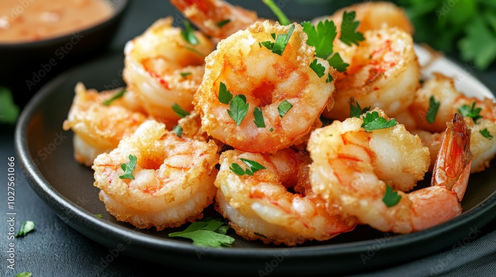 Crispy Fried Shrimp with Herbs on Black Plate Crispy Fried Shrimp with Herbs on Black Plate