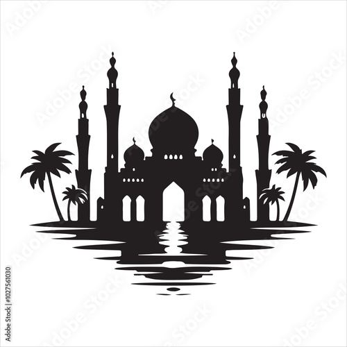 Black silhouette of a grand mosque with minarets and dome, clear and detailed on a pure white background 