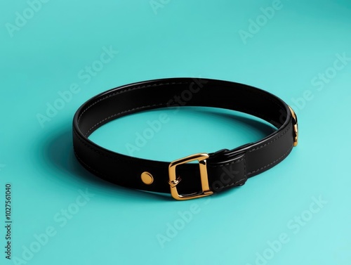 A sleek black belt with a shiny gold buckle, set against a bright turquoise background.