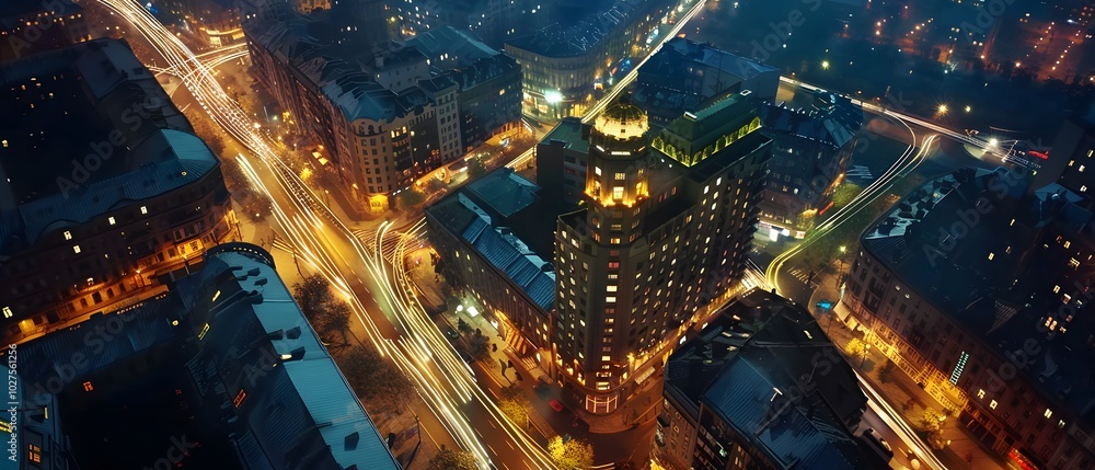 Aerial night view of a cityscape showcasing illuminated buildings and busy streets. Aerial night view of a cityscape showcasing illuminated buildings and busy streets.