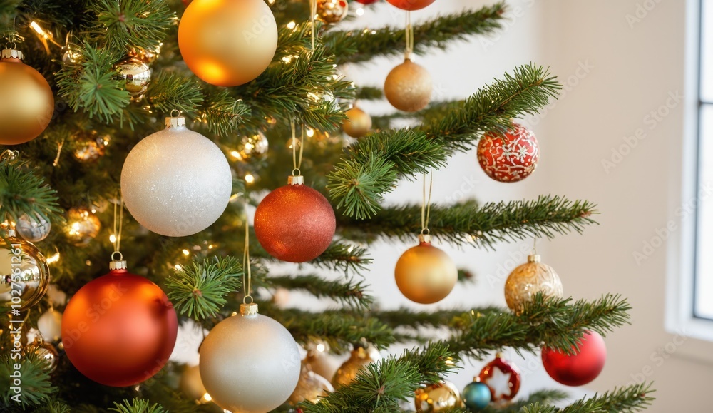 Fototapeta premium A close-up of a Christmas tree, festively decorated with shiny baubles in hues of red, gold, and white, along with sparkling lights, offering a magical and joyful holiday vibe suitable