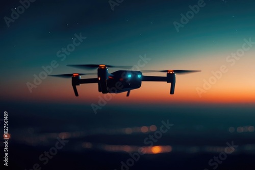 A drone hovers in the twilight sky, illuminated by its lights, capturing a stunning view of the sunset and distant city lights below. photo