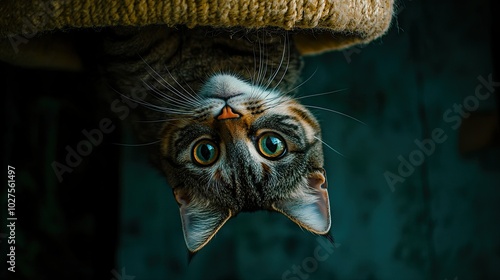 A tabby cat with green eyes hangs upside down from a cat tree, looking directly at the camera.