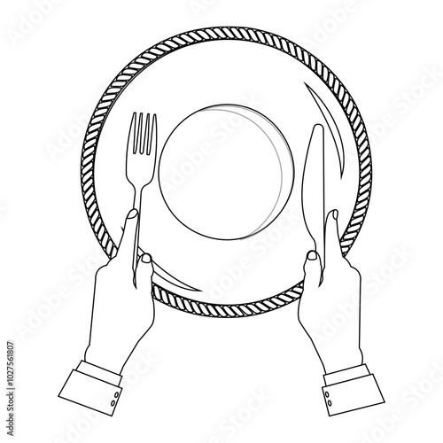 Outline Hands Holding Cutlery with Empty Plate, suitable for a coloring book. The line design is simple yet elegant, for a coloring experience with a formal dining theme or table manners