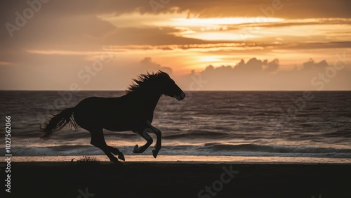 A horse runs along the beach at sunset.