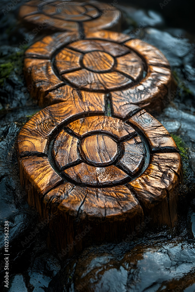A wooden circle with a hole in the middle is surrounded by three other wooden circles. The circles are all different sizes and are placed on top of a rock. The scene has a rustic A wooden circle with a hole in the middle is surrounded by three other wooden circles. The circles are all different sizes and are placed on top of a rock. The scene has a rustic