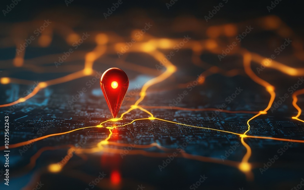 Closeup of a GPS pin on a digital map with a highlighted route path, symbolizing navigation and location tracking Soft lighting, sharp focus on map details Closeup of a GPS pin on a digital map with a highlighted route path, symbolizing navigation and location tracking Soft lighting, sharp focus on map details