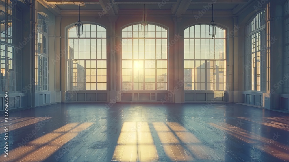 Empty room with big windows and sunlight. toned image Empty room with big windows and sunlight. toned image