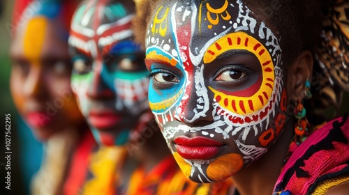 Body painting for cultural festivals, showcasing bright colors, traditional patterns, and symbolic art.