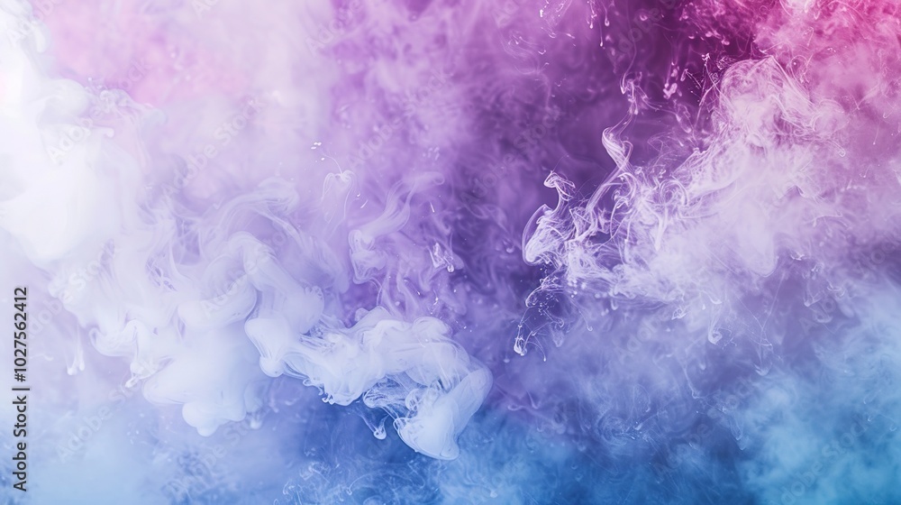 Fototapeta premium Abstract Artwork Featuring Captivating Acrylic Pigments and Ink Whirlpool, Creating a Dreamy Smoke Cloud on a Pure White Canvas with Generous Copy Space, in a Lively Mix of Purple, Blue, and Pink Tone