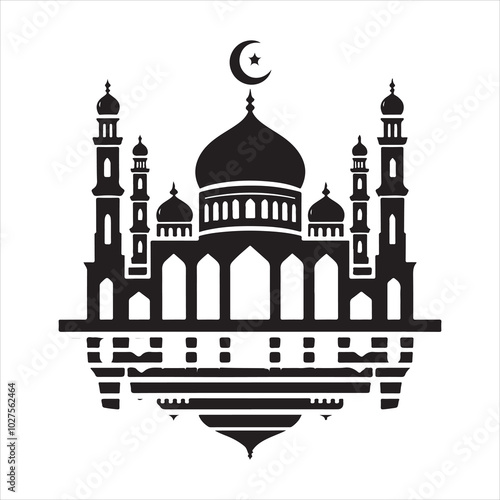 Black silhouette of a grand mosque with minarets and dome, clear and detailed on a pure white background 