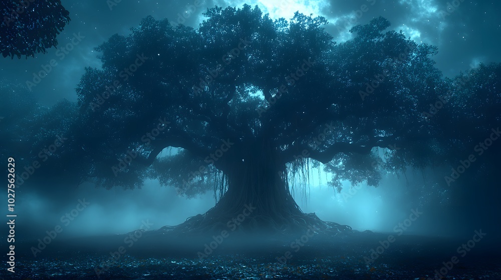 A majestic banyan tree stands amidst swirling fog and soft moonlight, casting serene shadows below. A majestic banyan tree stands amidst swirling fog and soft moonlight, casting serene shadows below.